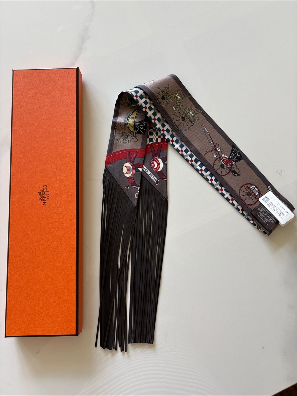 Hermes Brown and Red Silk Fringe Twilly